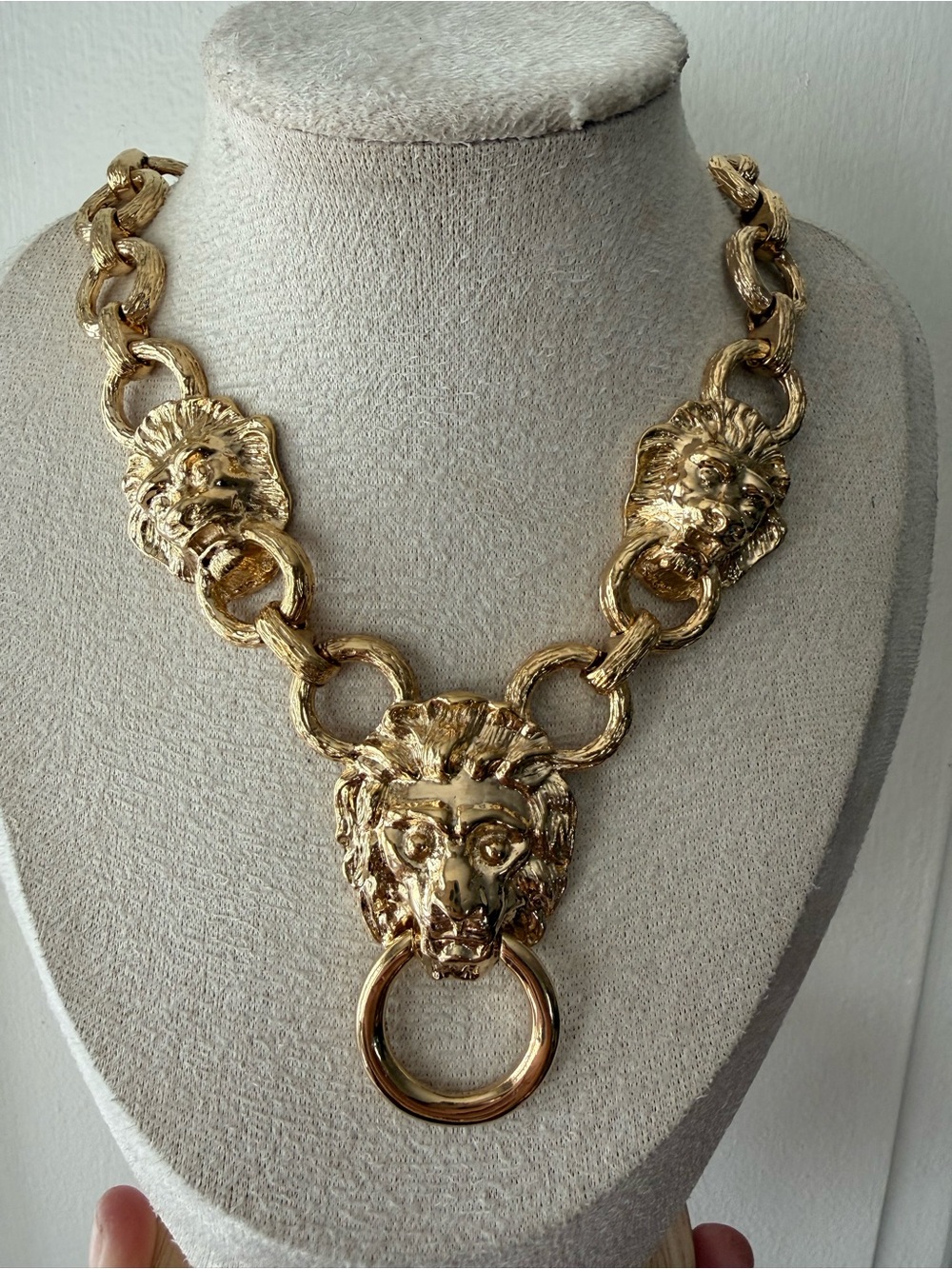 Signed Vintage KJL Gold Lion Head Statement Necklace - Women Jewelry